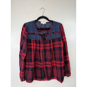 Suzanne Betro Weekend Navy/Red Plaid Blouse With Lace‎ Shoulder Accents Size XL